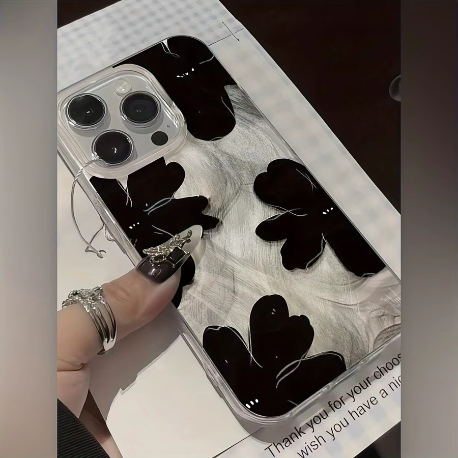 Personalisierte iPhone Handyhülle aus TPU mit silbernem Blumenmuster in Schwarz, passend für verschiedene Apple iPhone Modelle - Bild 3
