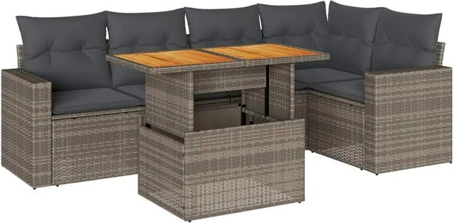 vidaXL 6-teilige Garten-Sofagarnitur aus Poly-Rattan und Akazienholz in Grau mit Kissen - Bild 1
