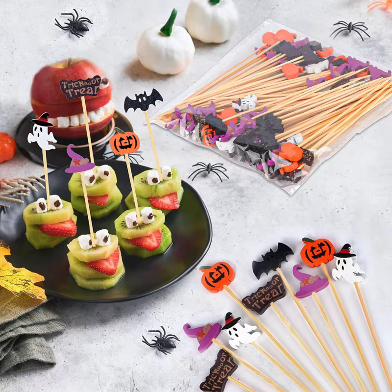 ZQNYCY Halloween Party Zahnstocher aus Bambus in Mehrfarbig mit Kürbis und Geist als Einweg Obstspieße und Dessertgabeln - Bild 3