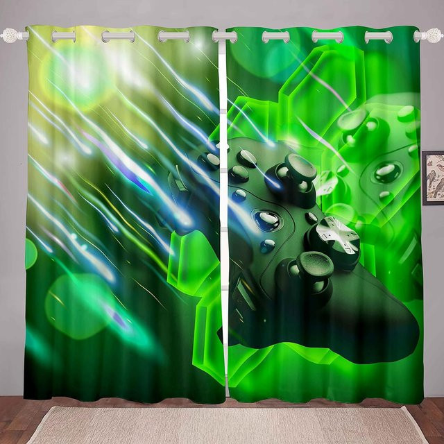 Gaming-Vorhänge für Jungen und Teenager mit Sternenuniversum, Karomuster und Spielcontroller-Druck, Farbe: Grün, B/H: 135 x 165 cm - Bild 1