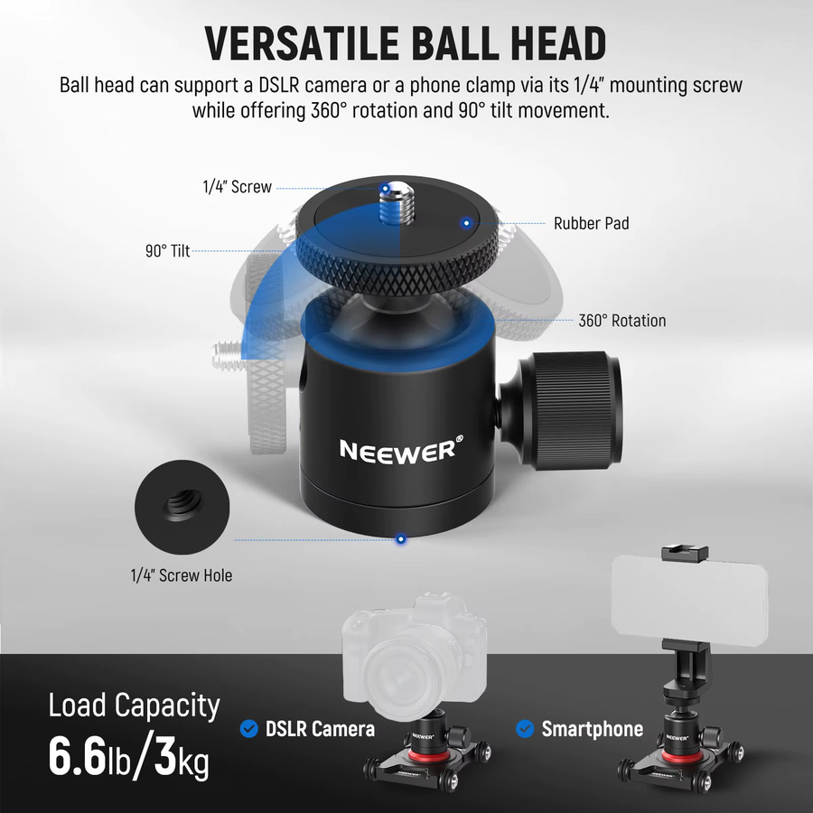 Neewer Kamera Slider Dolly mit Kugelkopf und Telefonklemme in Schwarz für Tischplatten mit 360 Grad Panoramafunktion - Bild 5