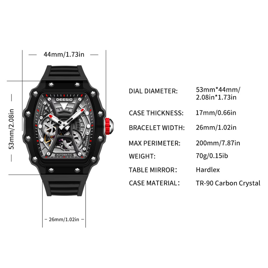 Deesio Armbanduhr Automatik, Tonneau, Schwarz, Silikon, Herren - Bild 5