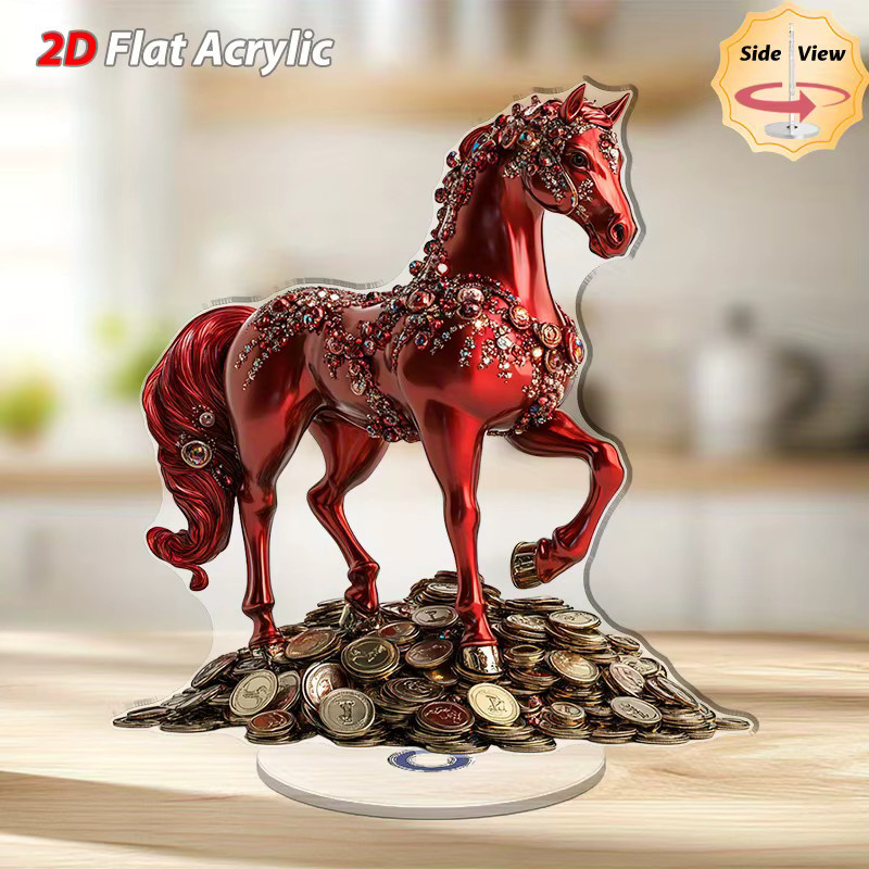 Rote Pferdemünze aus Acryl als 2D Ornament für die Neujahrsdeko im Jahr des Pferdes - Bild 3