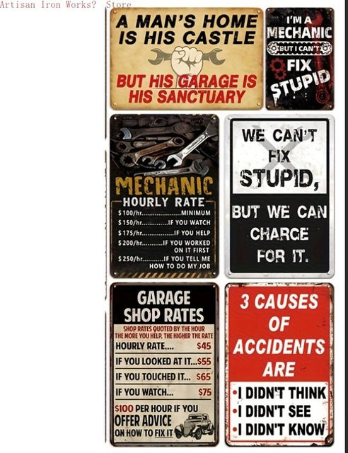 6er Set Vintage Metallschilder mit Typografie für Wandkunst in Garage oder Männerhöhle von Potdemiel - Bild 1