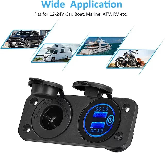 12V USB-Panel mit Quick Charge 3.0 und 20W Dual PD USB-C Steckdose in Schwarz für Auto, Boot, RV und Motorrad - Bild 1