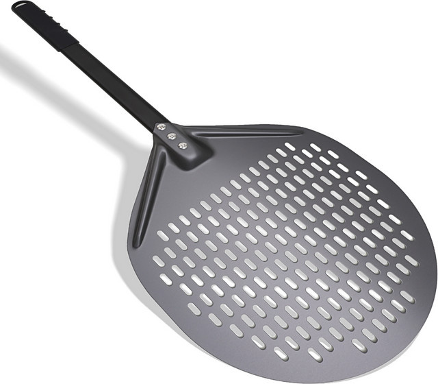 HEXINGYUAN Pizzaschaufel aus perforiertem Aluminium in Schwarz mit abnehmbarem Griff, 12 Zoll, antihaftbeschichtet und kratzfest, rund - Bild 1