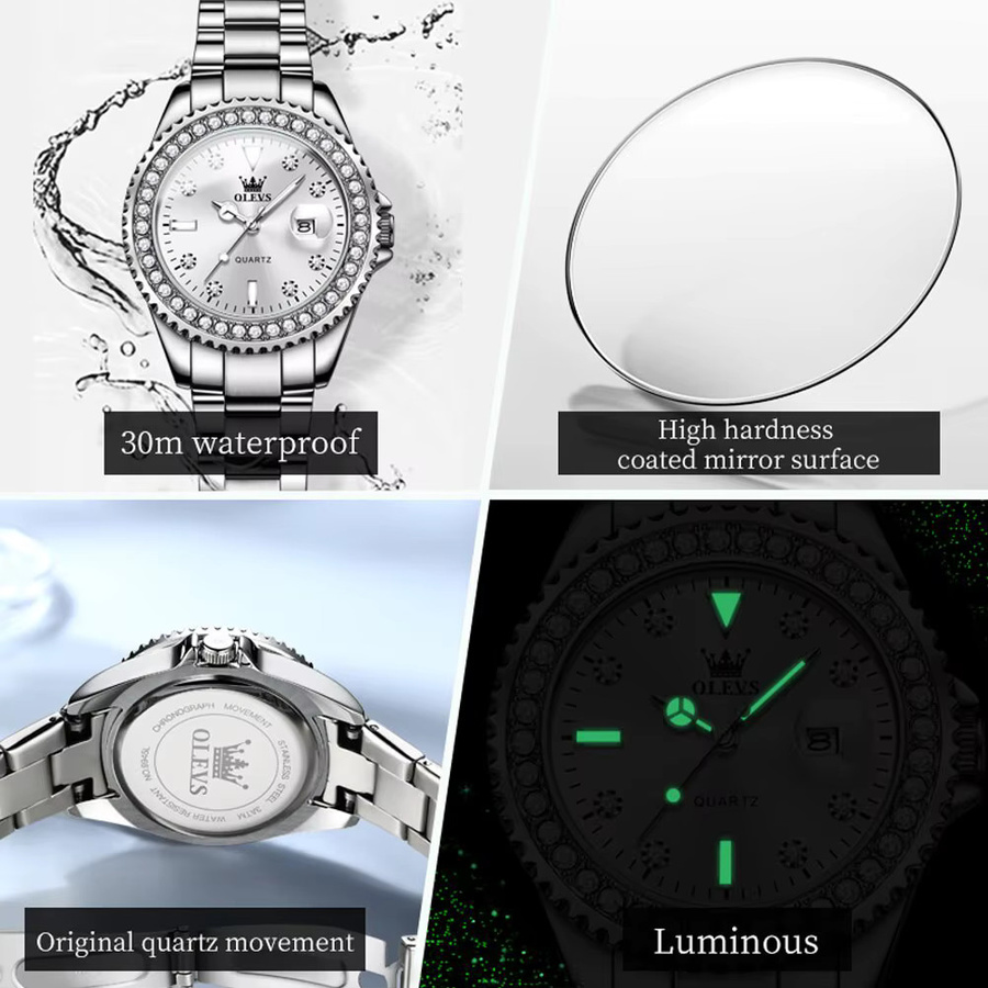 Olevs Armbanduhr, Quarz, Edelstahl, Diamant, Damen, Silber - Bild 5