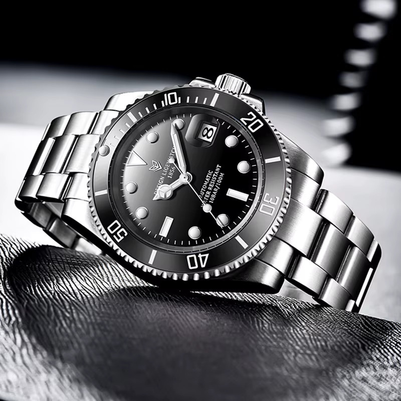 Lige Armbanduhr Automatik, Edelstahl, Schwarz, Silber, Herren - Bild 2