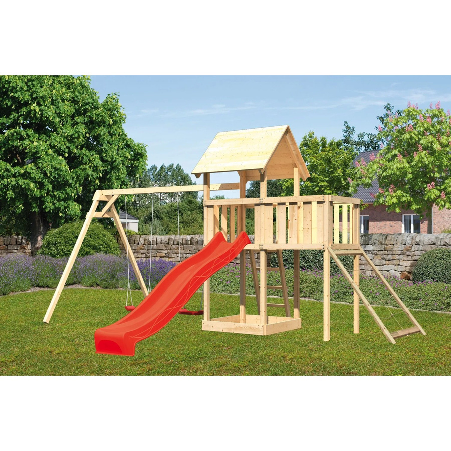 Karibu Spielturm Lotti mit Doppelschaukel, Anbauplattform, Netzrampe und Rutsche in Rot - Bild 2