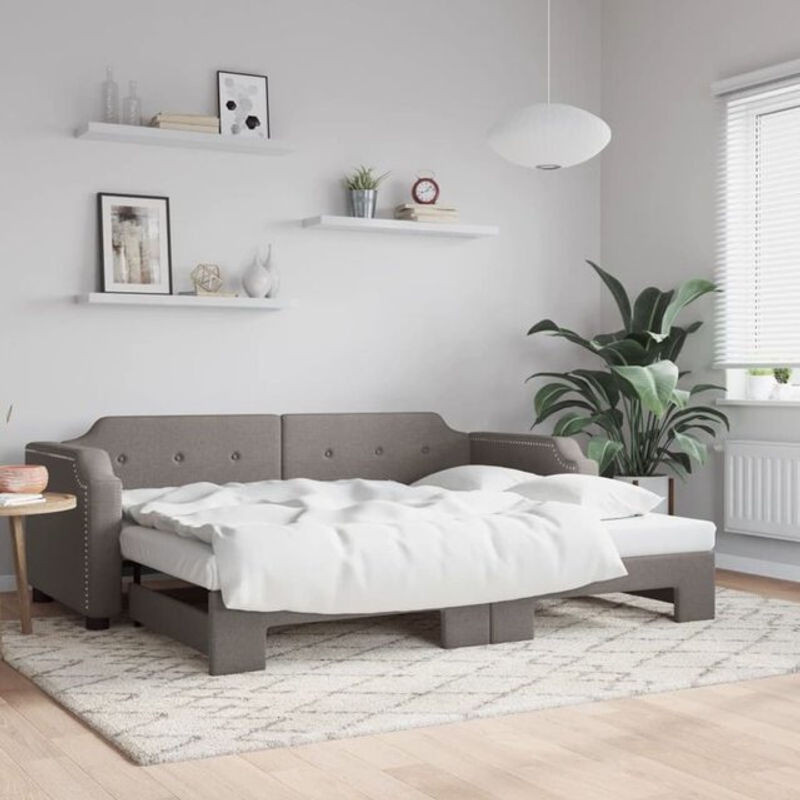 Ausziehbares Funktionsbett vidaxl in Taupe meliert aus Stoff und Massivholz, B/T/H: 90 x 200 cm - Bild 1