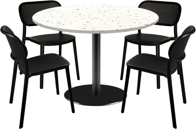 RestooTab Esstisch-Set Rome XL mit 4 Stühlen, runder Esstisch in Terrazzo-Optik Weiß/Mehrfarbig mit schwarzem Gestell, Durchmesser: 120 cm, Höhe: 75 cm - Bild 1
