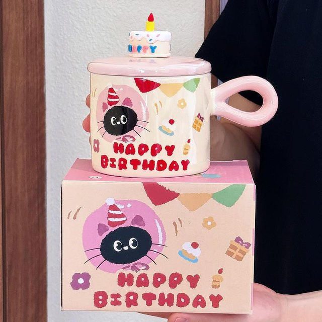 Yiran toy 1 Keramiktasse mit Deckel Motiv Niedliche Katze in Pink und Multicolour, 380 ml - Bild 1