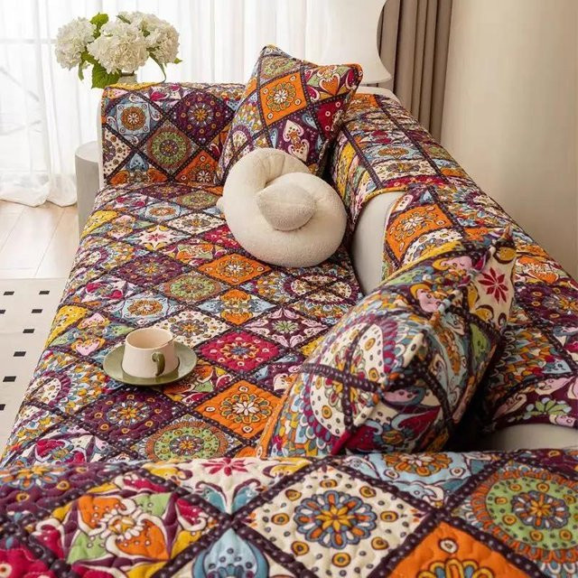 Rutschfeste Sofamatte aus Baumwolle im Boho-Stil mit Blumenmuster und geometrischem Jacquard-Design, Mehrfarbig, B: 120 cm, T: 90 cm - Bild 1