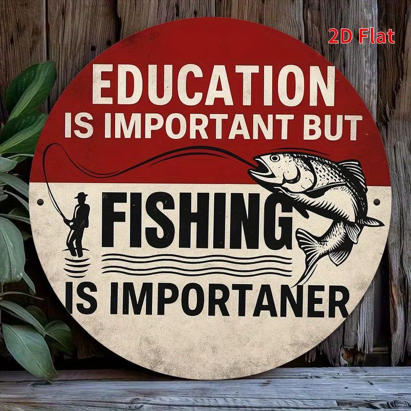 Potdemiel Metallschild im Vintage-Stil Education is Important But Fishing is Importanter, rund, Durchmesser: 19,81 cm, Rot und Weiß - Bild 2