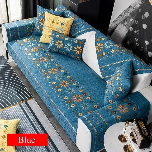 Rutschfester Jacquard Sofabezug von Your Warm Home in Blau mit Boho-Blumenmuster, B/H: 70 x 70 cm - Bild 1