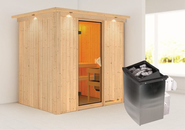 Karibu Sauna Bjarne mit 9 kW Ofen und integrierter Steuerung, Dachkranz und bronzierter Ganzglastür, Farbe: Braun, B/T/H: 198 x 196 x 151 cm - Bild 1
