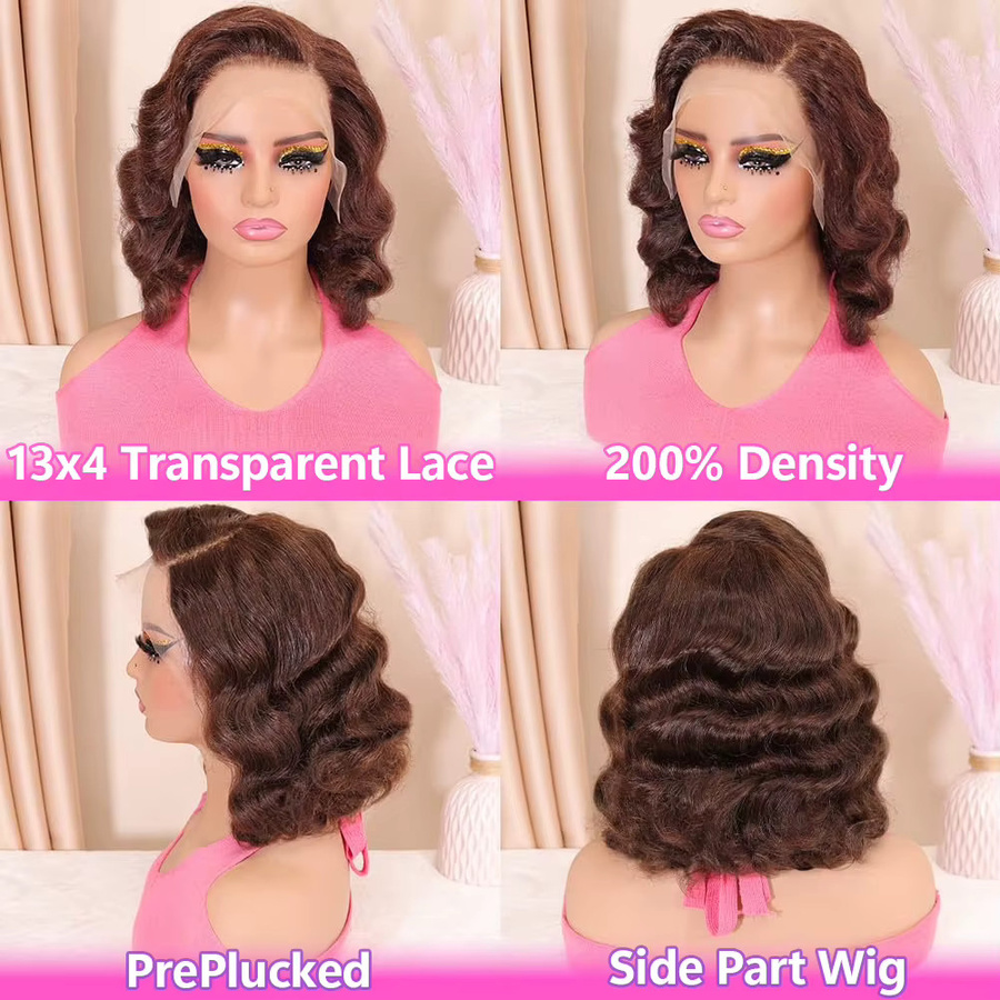 xbeauty Bob-Perücke, schokoladenbraun, kurz, gewellt, Echthaar, 200 % Dichte - Bild 2