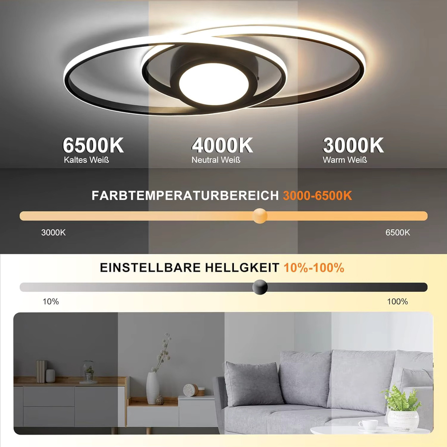 Moderne LED Deckenlampe von Nettlife in Schwarz, rund, dimmbar mit Fernbedienung und CCT-Farbtemperatursteuerung, 48W - Bild 3