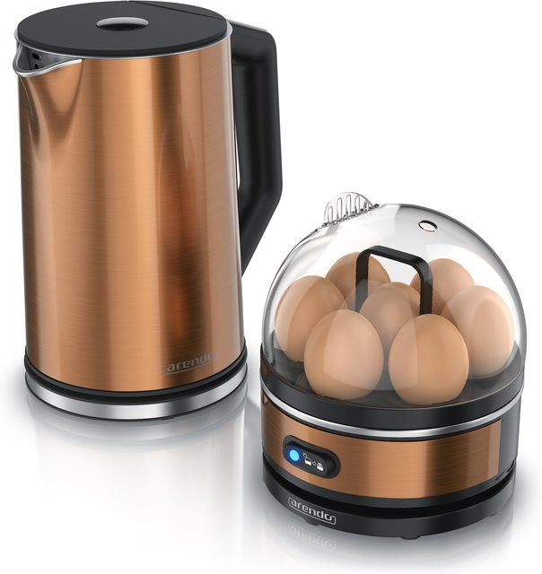 Arendo Frühstücksset mit Wasserkocher ELEGANT und Eierkocher SEVENCOOK aus Edelstahl in Kupfer und Silber, Wasserkocher 1,5 l und Eierkocher für 1-7 Eier inklusive Messbecher - Bild 1