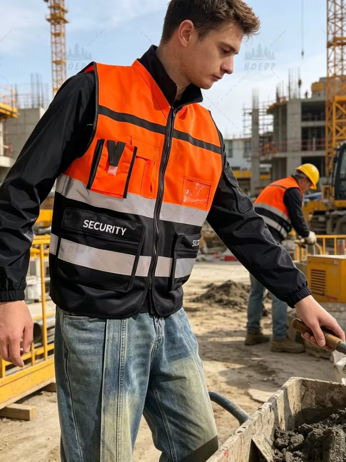 Reflektierende Sicherheitsweste mit mehreren Taschen und Reißverschluss in Gelb oder Orange, atmungsaktive Arbeitsweste für Bau und Lager - Bild 4
