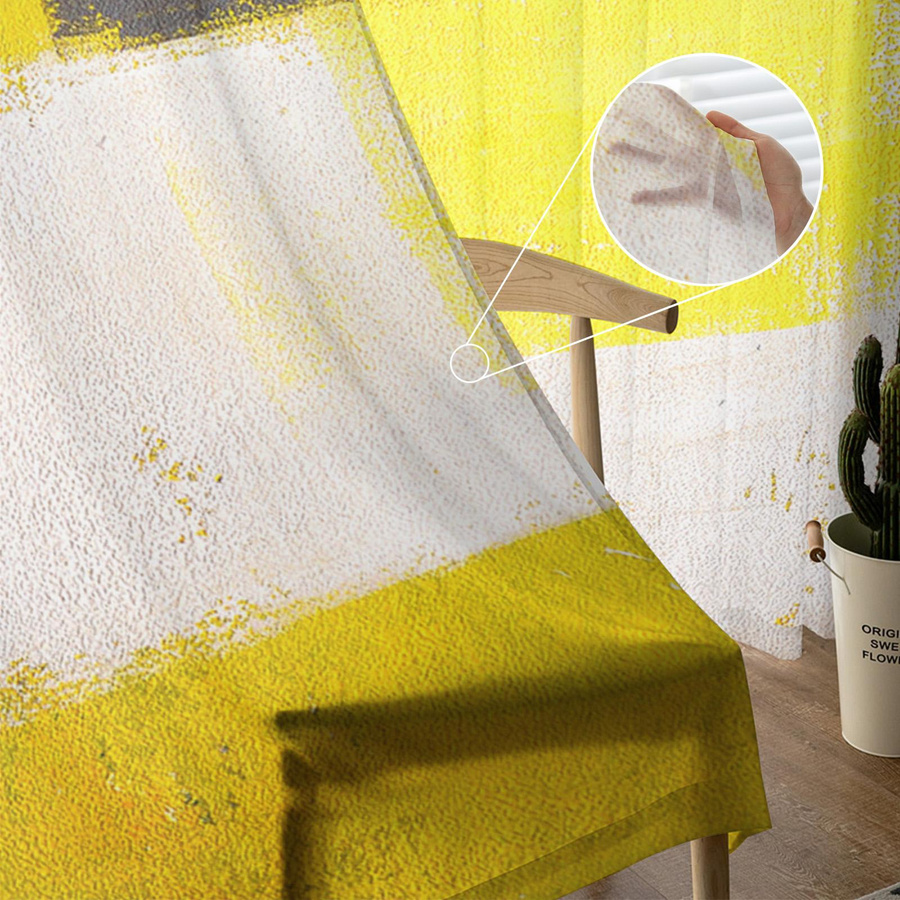 Transparente Tüll-Vorhänge im abstrakten Ölgemälde-Stil mit geometrischem Design in Gelb, Breite: 135 cm, Höhe: 115 cm - Bild 2
