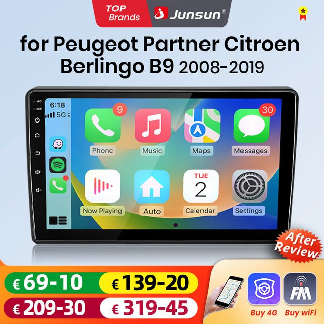 Junsun Android Auto Autoradio mit Wireless CarPlay, GPS und Navi für Citroen Berlingo B9 und Peugeot Partner 2008-2019 in Schwarz - Bild 1