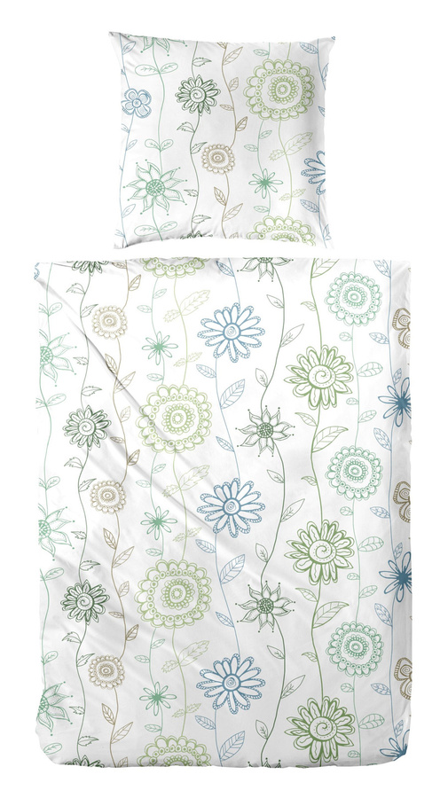 Primera Feinbiber Bettwäsche Westminster Blumen Ranken Retro in Grün Natur, Set bestehend aus Bettbezug und Kissenbezug aus Baumwolle, B/T: 155 x 220 cm und 80 x 80 cm - Bild 1