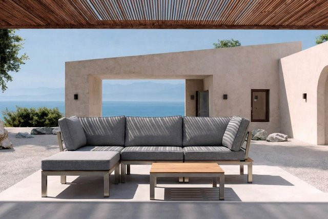 OUTFLEXX Gartenlounge für 4 Personen in Silber/Grau mit Edelstahl, Teakholz und Olefin-Polstern inklusive Beistelltisch - Bild 1