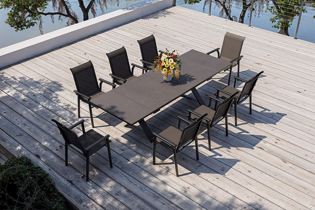 Kettler BasicPlus Pro Garten-Essgruppe in Anthrazit mit ausziehbarem Tisch und 8 Stapelsesseln aus Aluminium, Textilene und Spraystone - Bild 1