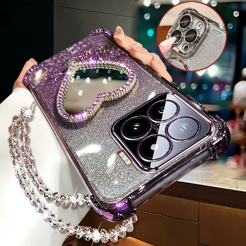 Glitzer Handyhülle für Xiaomi 15 Ultra 14T 14 Pro 13 12S mit Make-up-Spiegel, Halterung und Kristallarmband in Schwarz - Bild 5