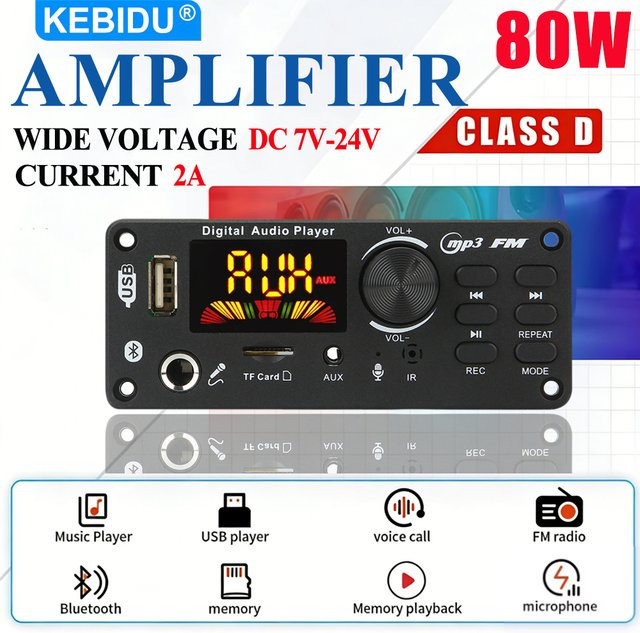 KEBIDU 80W Bluetooth Verstärker Modul mit FM-Radio, MP3-Player, USB und Mikrofon-Aufnahmefunktion in Schwarz - Bild 1