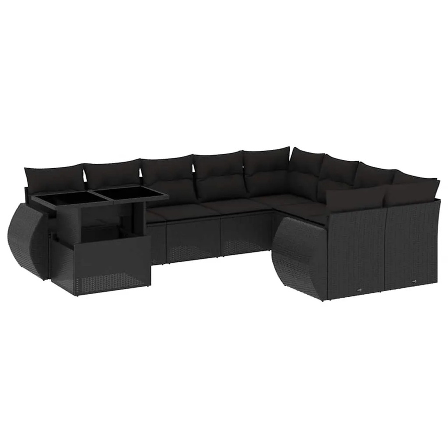 vidaXL 10-tlg. Garten-Sofagarnitur in L-Form aus Poly-Rattan mit Kissen, Schwarz - Bild 2