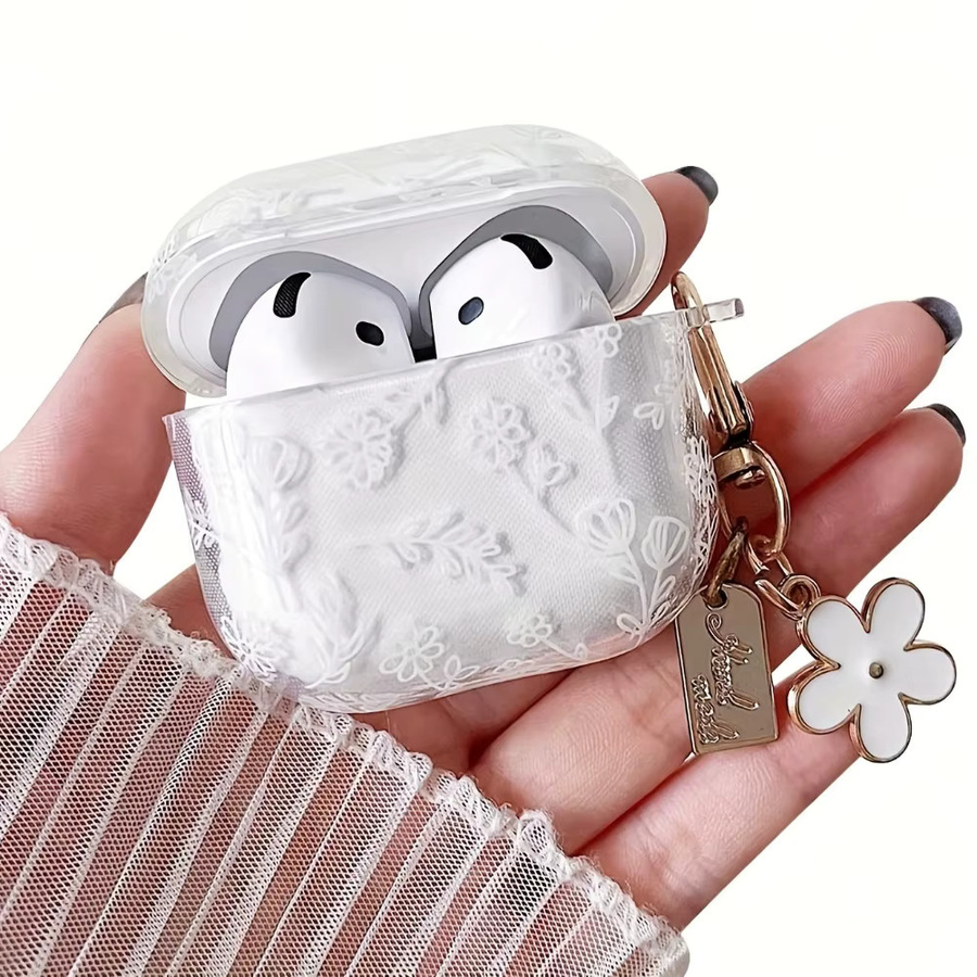 Elegante Kopfhörerhülle mit weißem Blumenmuster für Apple AirPods Pro 2, Pro 3 und AirPods 4/3/1/2 in Weiß - Bild 2