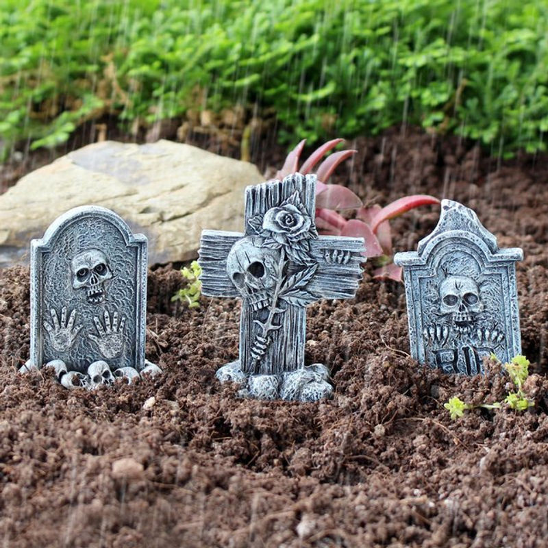 3-teiliges Set Grabstein aus Harz in Dunkelgrau als Halloween Dekoration für Garten und Bonsai - Bild 1