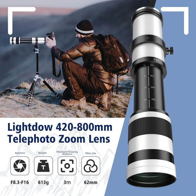 Lightdow Super-Telezoomobjektiv 420–800 mm F8.3–16 für Canon, Nikon und Sony in Schwarz mit 62 mm Filtergewinde - Bild 1