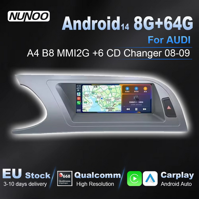 NUNOO Android 14 Multimedia-Touchscreen-Radio mit Wireless CarPlay und Android Auto für Audi A4 B8 in Schwarz - Bild 1
