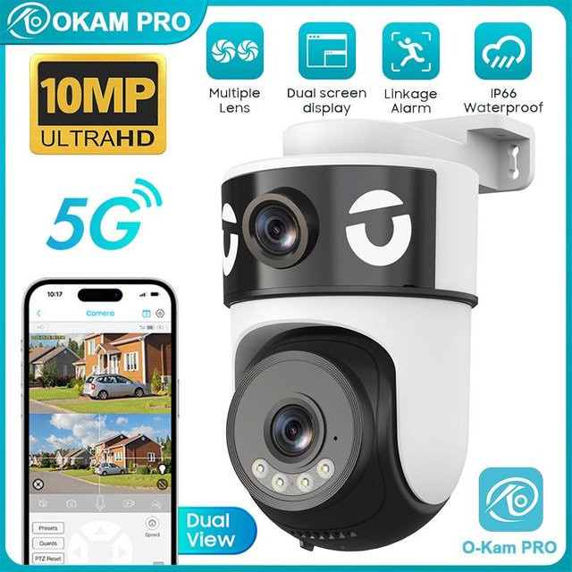 OKAM PRO APP 5G WLAN IP-Kamera mit 10MP Dual-Objektiv, PTZ, Farbnachtsicht, Zwei-Wege-Sprechanlage und KI-Bewegungsverfolgung in Weiß - Bild 1
