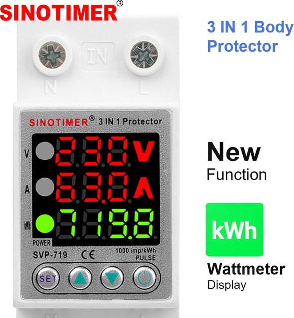 SINOTIMER Einstellbarer Über-/Unterspannungs- und Überspannungsschutz mit Stromverbrauchsmesser und Energiezähler 220V 230VAC 63A - Bild 1