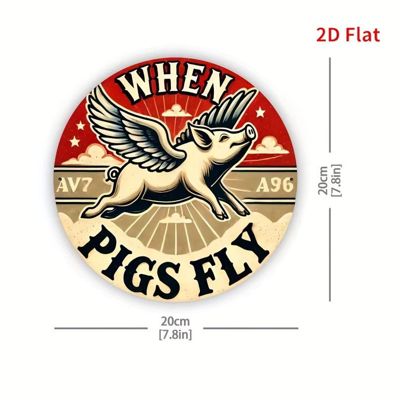 Vintage Flying Pig Metallwandkunst Potdemiel rundes Eisenschild mit When Pigs Fly Design Durchmesser: 20,32 cm - Bild 2