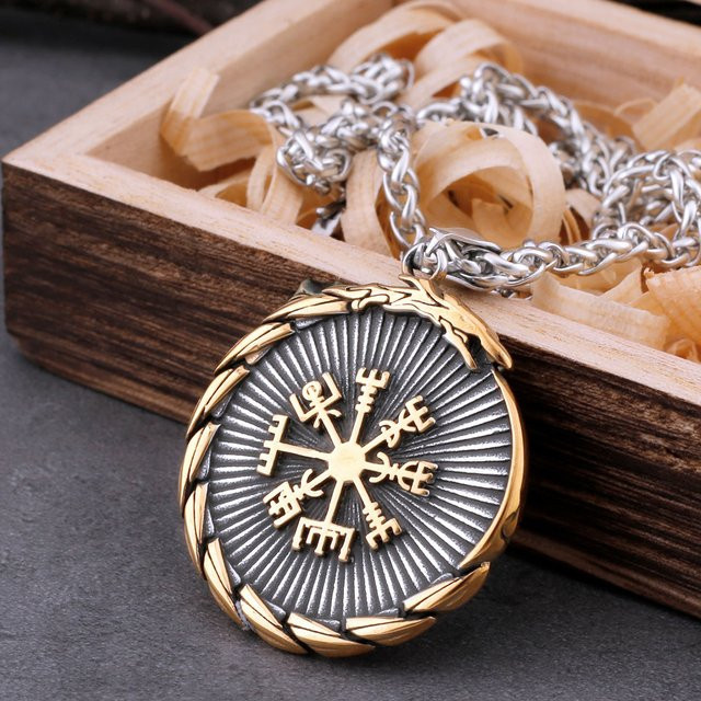 Halskette Wikinger Ouroboros Drachenkompass, Edelstahl, Goldfarbe, Herren - Bild 1
