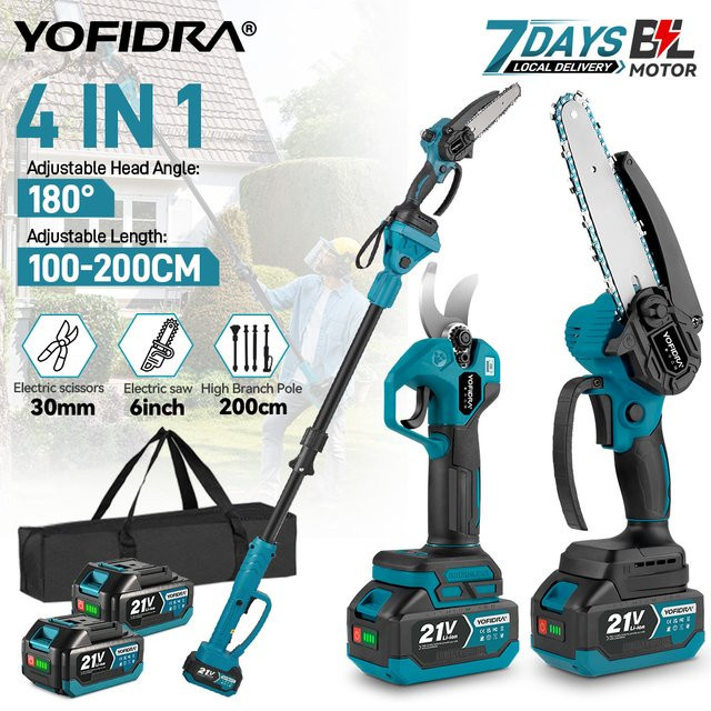 YOFIDRA 4-in-1 Akku Garten-Schneidwerkzeug Set mit Teleskopstange, Bürstenlose elektrische Kettensäge und Gartenschere für Makita 21V Akku - Bild 1