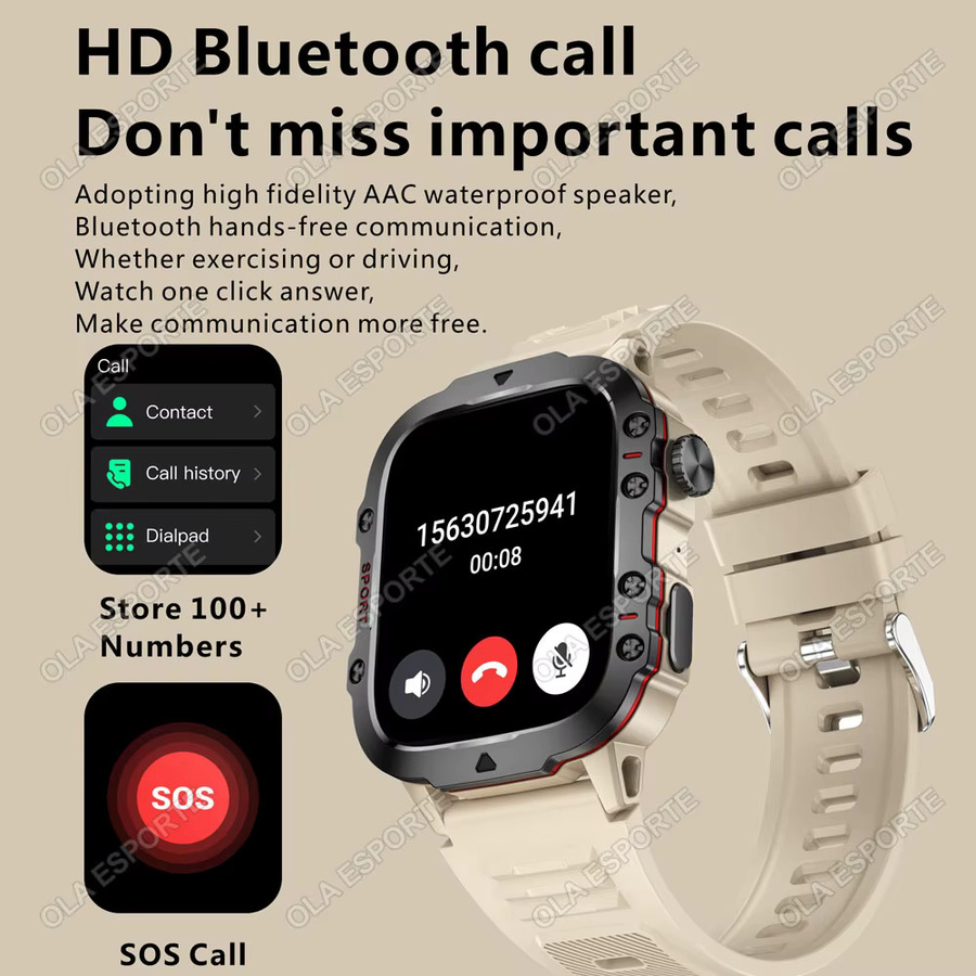 Ola Esporte Militärische Smartwatch mit GPS, Taschenlampe und Bluetooth-Anruffunktion, Wasserdicht, für Android und iOS, Schwarz/Silber - Bild 3