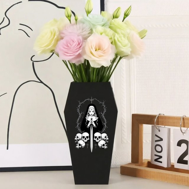 Gothic-Vase in Sargform mit Nonne und Totenkopf, Schwarz, Dekoration für den Schreibtisch - Bild 1