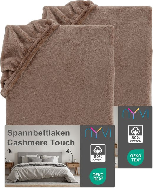 NYVI DreamScience Cashmere Touch Spannbettlaken aus Polyester Mikrofaser, 2er Pack, Farbe: Nougat, Größe: 90 x 200 cm und 100 x 200 cm, Matratzenhöhe bis 22 cm - Bild 1