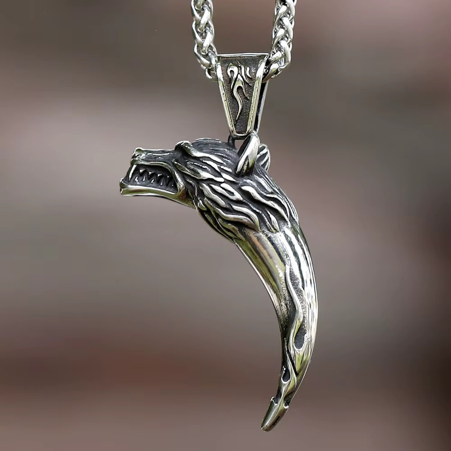 Halskette mit Anhänger Wolf Kopf, Edelstahl, Silber, Unisex - Bild 1