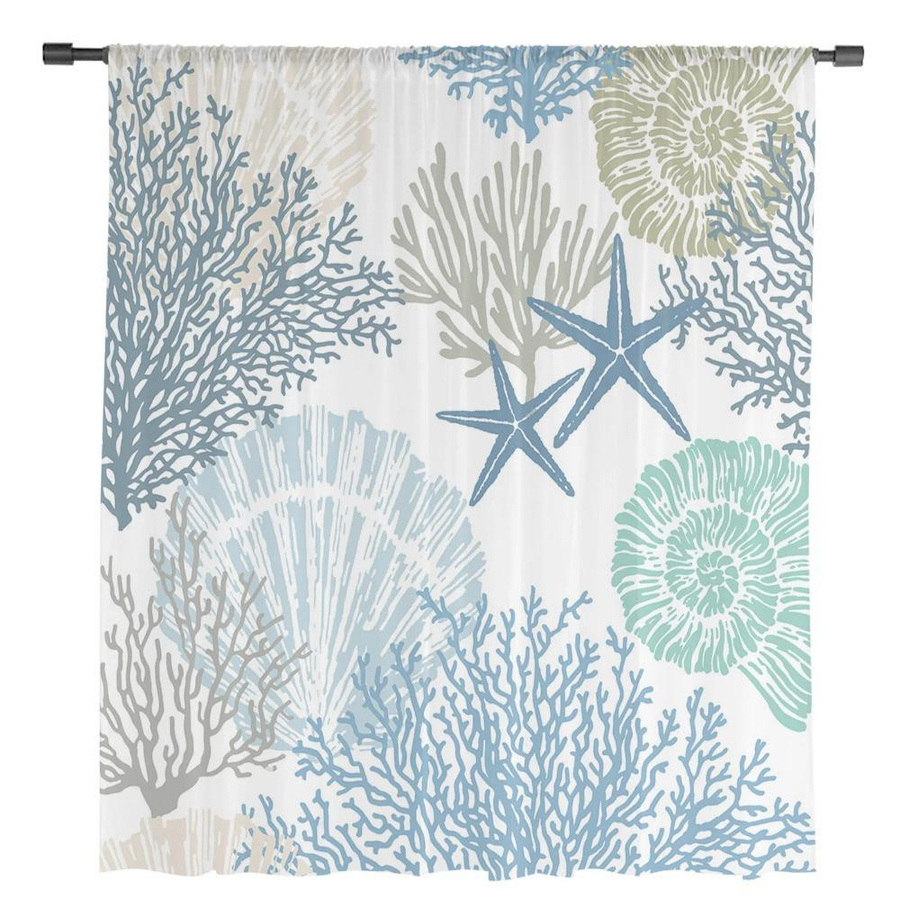Yiran Furniture Transparente Tüll Vorhänge mit Marine-Motiv in Blau, B: 135 cm, H: 115 cm - Bild 1