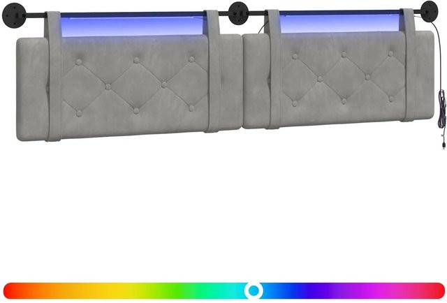 vidaXL Hängendes Kopfteil aus Samt mit integrierter LED-Beleuchtung, Hellgrau, B: 210 cm, H: 55 cm, T: 9,3 cm - Bild 1
