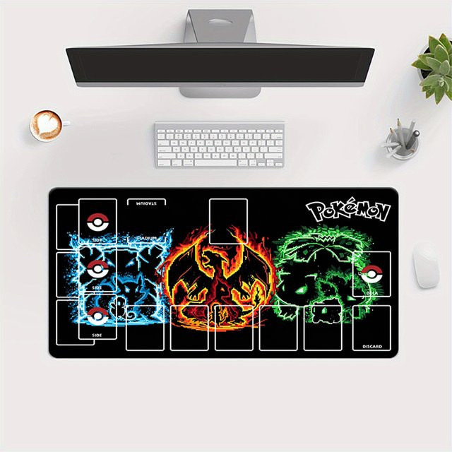 Potdemiel Pokemon TCG Spielmatte, Blastoise, Charizard, Venusaur, Neon Pixel Art Design, Große Sammelkartenspiel-Matte mit Zonen - Bild 1