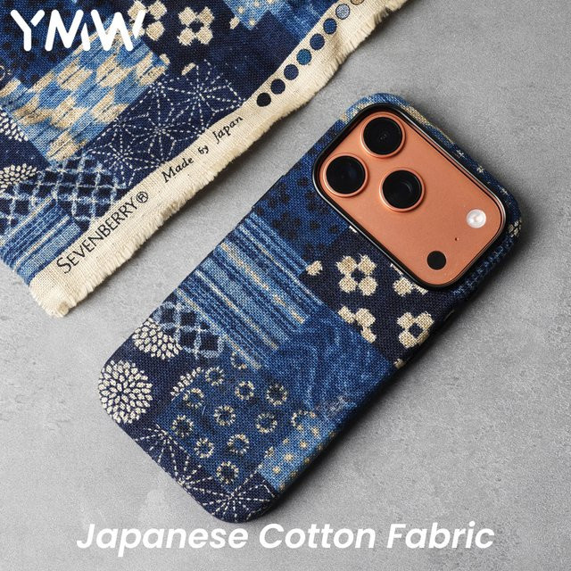 YMW Magnetische iPhone Hülle aus japanischem Baumwollstoff in Blau für iPhone 17, 16 Pro Max und 15 im Retro-Design - Bild 1
