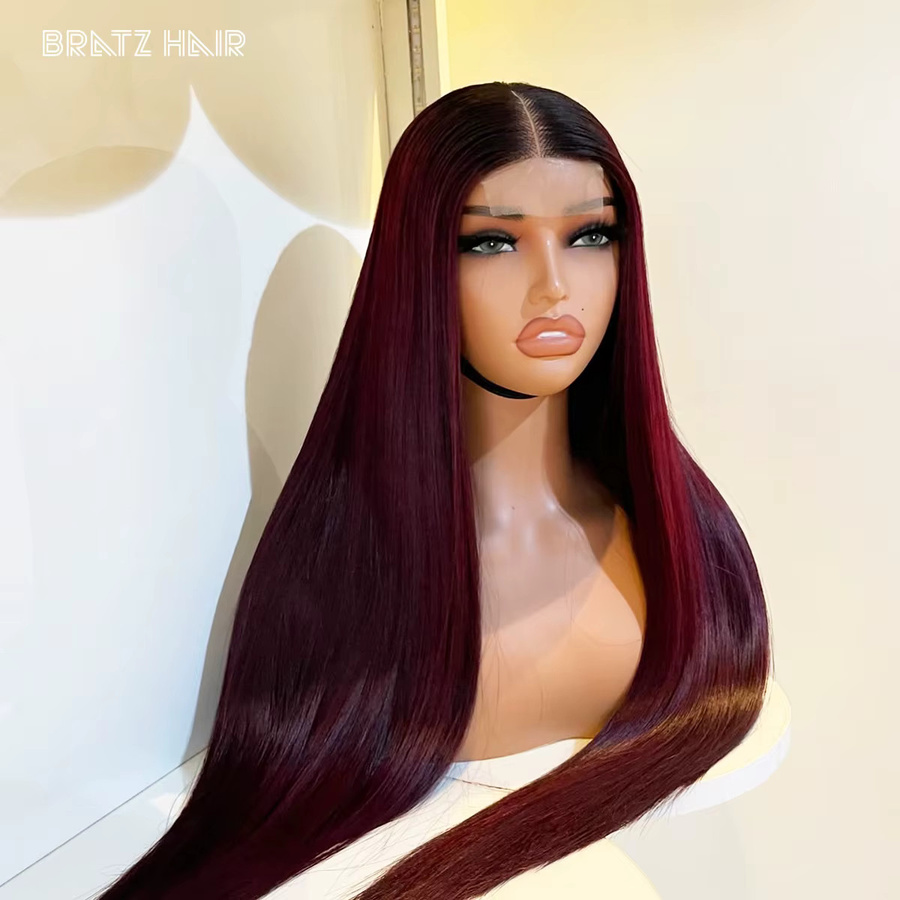 Bratz Hair Echthaar Perücke Ombre Burgunderrot, HD Transparente Lace Front, Damen - Bild 2